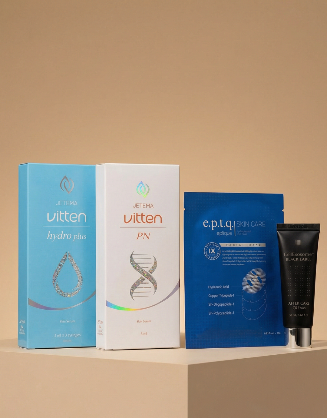 Collection of skincare products including boxes and a mask on a beige background